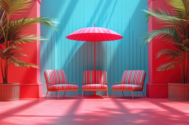 Krzesła plażowe i parasol ustawione na jasnym tle