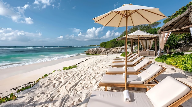 Krzesła plażowe i parasole na tropikalnej plaży z białym piaskiem i niebieską wodą