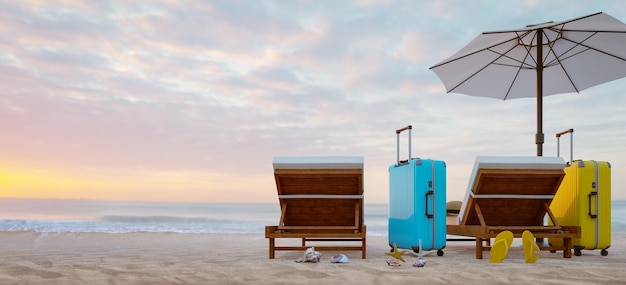 Krzesła plażowe i walizki z zachodem słońca w tle 3d rendering