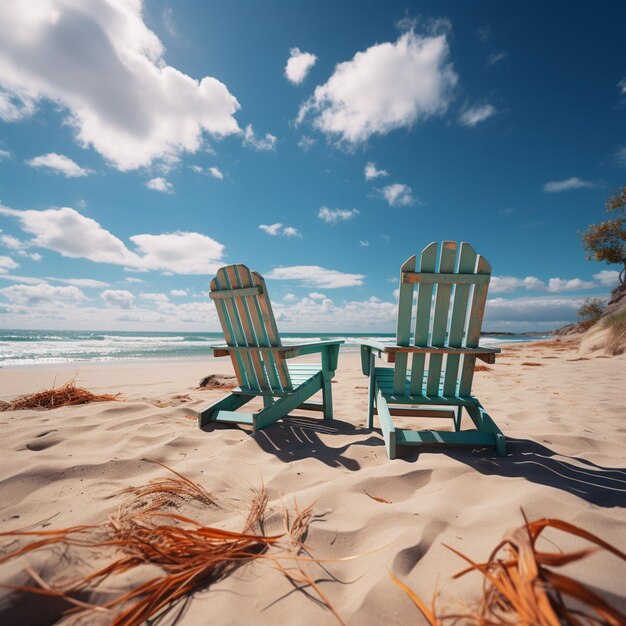 Zdjęcie krzesła plażowe na białej piaszczystej plaży z chmurnym niebieskim niebem i słońcem dla mediów społecznościowych