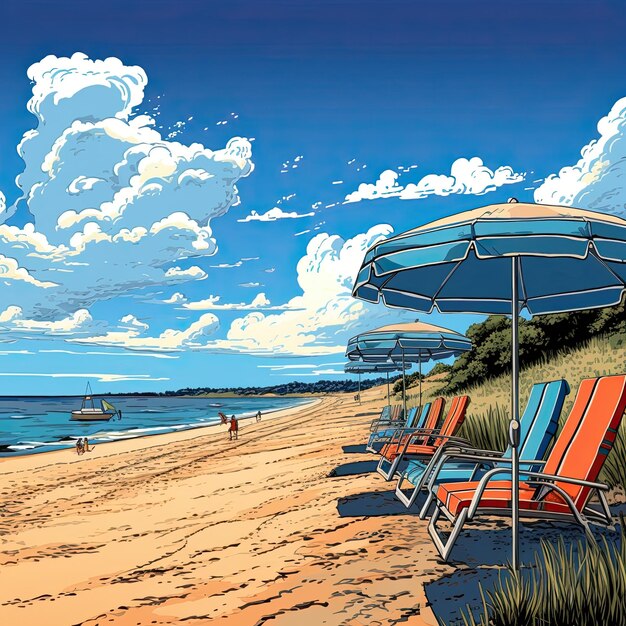 Krzesła plażowe pod parasolami na tle błękitnego nieba piaszczystej plaży Generative AI
