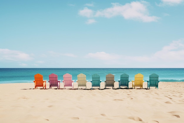 Krzesła plażowe ułożone w rzędy na piasku z widokiem na ocean