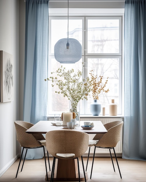 Krzesła z niebieskiej tkaniny w skandynawskim stylu nordyckim