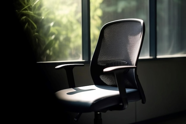 Zdjęcie krzesło biurowe, czarne okno, miejsce pracy, biurko, domowy komfort, luksus, czystość, generuj ai