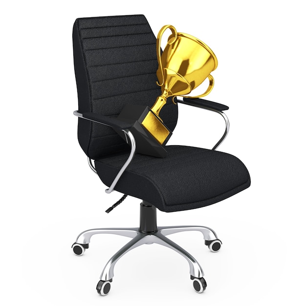Krzesło biurowe szefa czarnej skóry ze złotym trofeum na białym tle. Renderowanie 3D.