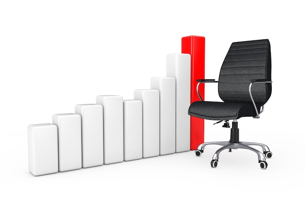 Krzesło biurowe szefa z czarnej skóry w pobliżu wykresu wykresu wzrostu sukcesu biznesowego na białym tle Renderowanie 3d