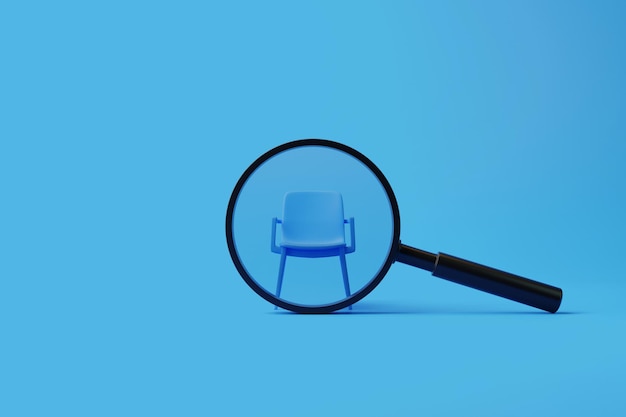 Krzesło biurowe z lupą na niebieskim pokoju ilustracja renderowania 3D