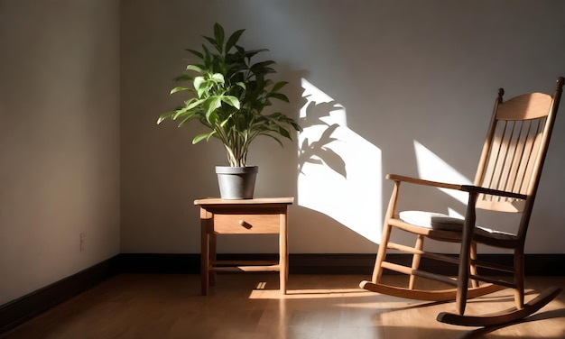 Krzesło do kołysania obok małego stołu z rośliną na nim w słabo oświetlonym pokoju z odlewem słońca