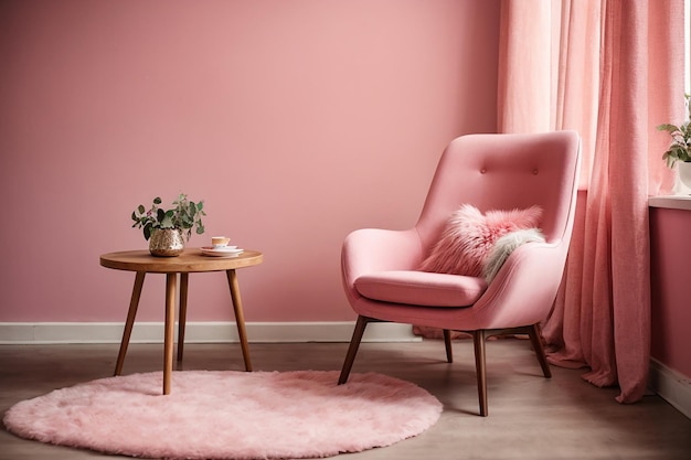 Zdjęcie krzesło i stół w różowym salonie z miejscem na kopię