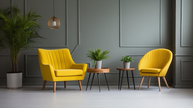 Krzesło i stół w żółtym i oliwkowym kolorze wnętrza salonu