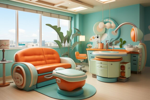 Krzesło kliniki dentystycznej w uroczym wnętrzu kliniki dla dziecka Generative AI