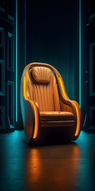 Krzesło, które znajduje się w ciemnym pokoju z niebieskim tłem.
