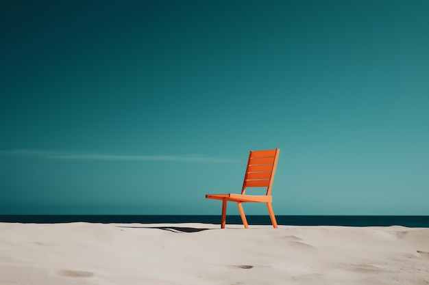 Krzesło na plaży jest w piasku, a niebo jest niebieskie.