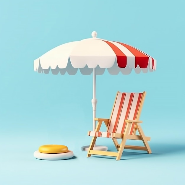 Krzesło plażowe i krzesło z czerwono-białym paskowym parasolem.
