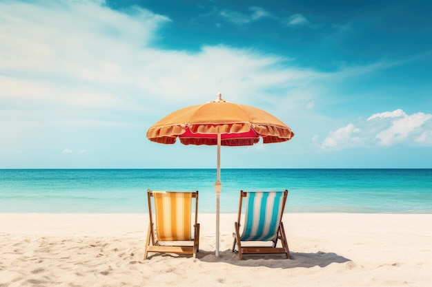 Krzesło plażowe i parasol na tropikalnej piaszczystej plaży na tle błękitnego nieba Krzesła i parasole na tropikalnej plaży Seascape Banner Wygenerowano sztuczną inteligencję