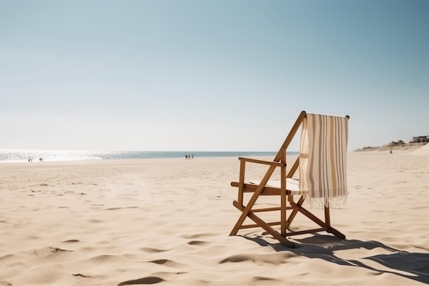 Krzesło plażowe na piasku z błękitnym niebem w tle.