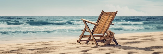 Krzesło plażowe na piasku z napisem plaża w tle