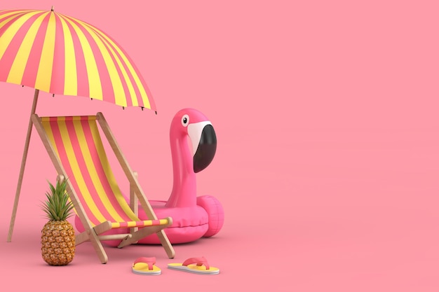 Krzesło Plażowe Nadmuchiwane Różowe Flamingi Parasol Plażowy Sandały Plażowe I Owoce Ananasa Renderowanie 3d