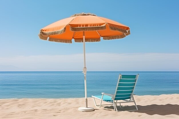 Zdjęcie krzesło plażowe, parasol i palma na piasku