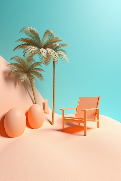 Krzesło plażowe z palmą i krzesłem na pustyni.