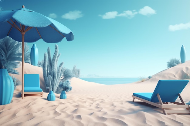 Krzesło plażowe z parasolem na plaży 3d render
