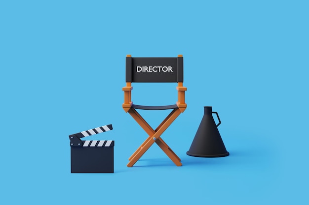 Krzesło reżysera z klapką i megafon na niebieskim tle Renderowanie 3D koncepcji branży filmowej