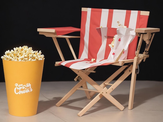 Zdjęcie krzesło reżyserskie i świeży popcorn
