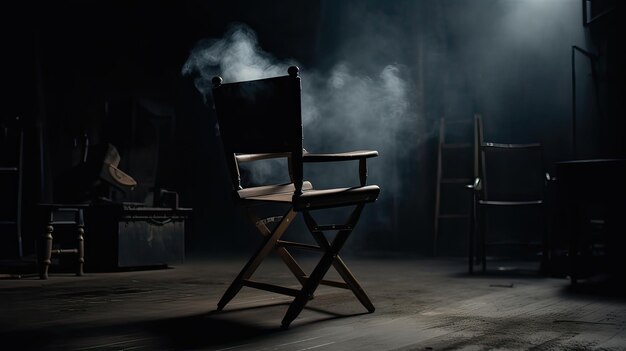 Krzesło reżyserskie stoi w smudze światła z podświetleniem w ciemnym pokoju Koncepcja bezpłatnego krzesła