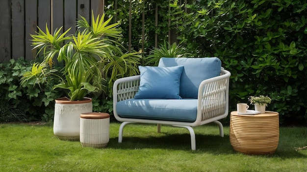 Krzesło salonowe w stylu loft z niebieskimi poduszkami na trawniku