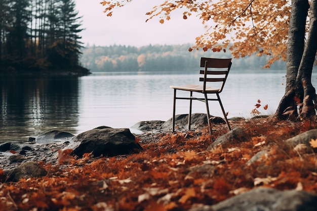 Krzesło stojące na brzegu jeziora w tle jesiennego lasu