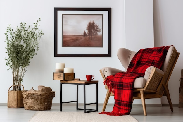 Krzesło w czerwoną szkocką kratę w salonie z obrazem drzewa na ścianie.