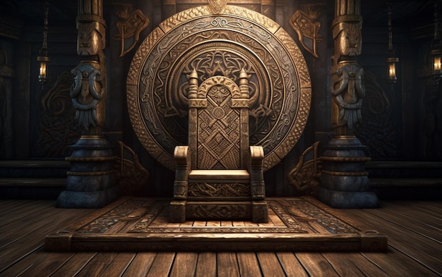 Krzesło w pokoju z rzeźbionym drewnianym krzesłem pośrodku.