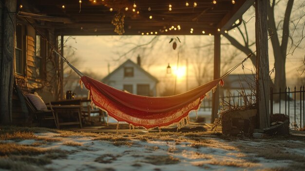 Krzesło z okładką z futra na tarasie domku z drewnem z śniegiem Czaj ciepły kocyk i czytanie Zimna zima relaks weekend