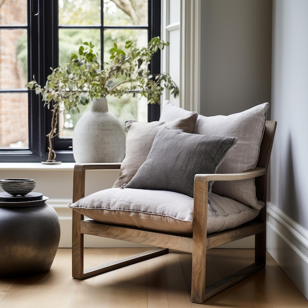 krzesło z poduszkami i wazon z roślinami przed oknem