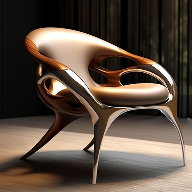 krzesło z zakrzywionym oparciem i brązowym skórzanym oparciem z napisem „krzesło”