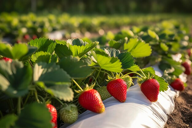 Krzew dojrzałych organicznych truskawek w ogrodzie Zbliżenie Berry Generative AI