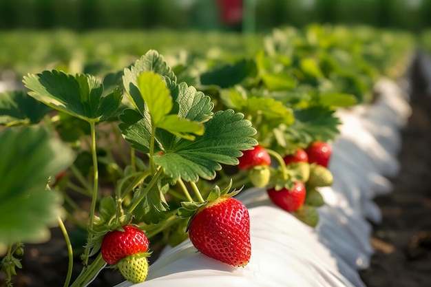 Krzew dojrzałych truskawek organicznych w ogrodzie Zbliżenie jagód Generatywna AI