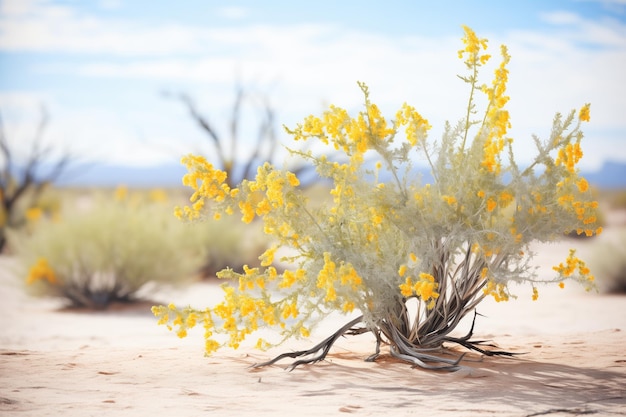 Krzew kreozotowy z żółtymi kwiatami na pustynnej scenie