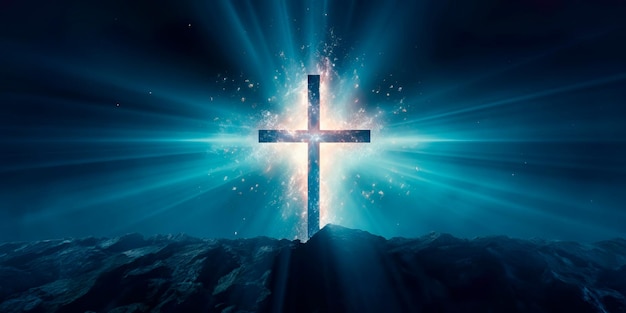 Krzyż Boskiego Oświetlenia z podejściem podkreślającym światło duchowe promieniujące ze świętego symbolu Generative Ai