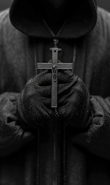Krzyż chrześcijański w rękach wierzącego modlitwa o zbawienie stylowa czarno-biała fotografia religia Jezus Chrystus