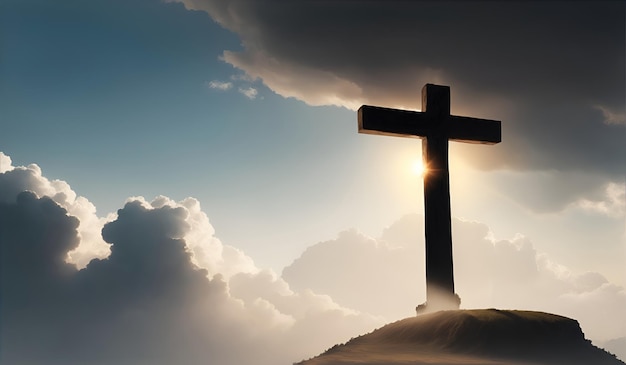 Krzyż Jezusa Chrystusa Wielkanocne pojęcie zmartwychwstania Chrześcijański krzyż na górze