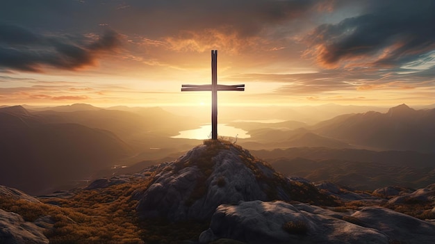 krzyż na górze z zachodem słońca, chrześcijańskie wakacje i fotografia kultowa