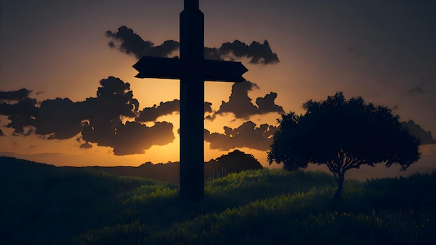 Krzyż na polu z zachodzącym za nim słońcem