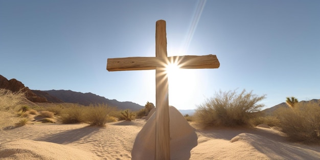 Krzyż na pustyni ze słońcem świecącym przez szczyt