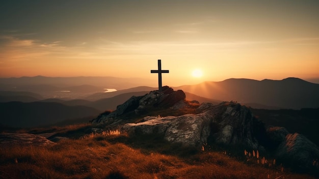 Krzyż na skale z zachodzącym za nim słońcem