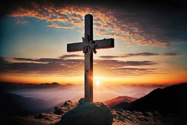 Krzyż na szczycie góry o zachodzie słońca w Wielkanoc AIGenerated
