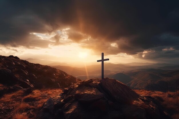 Krzyż na szczycie góry z tłem zachodu słońca