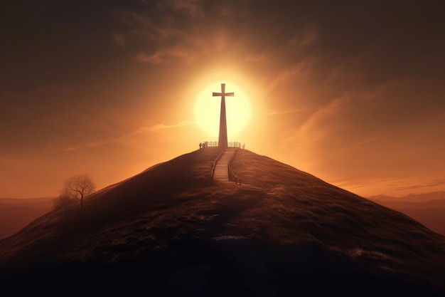 Krzyż na wzgórzu o zachodzie słońca