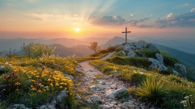 Krzyż na wzgórzu z zachodem słońca
