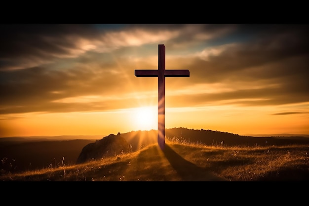 Krzyż stoi na wzgórzu, a za nim zachodzi słońce